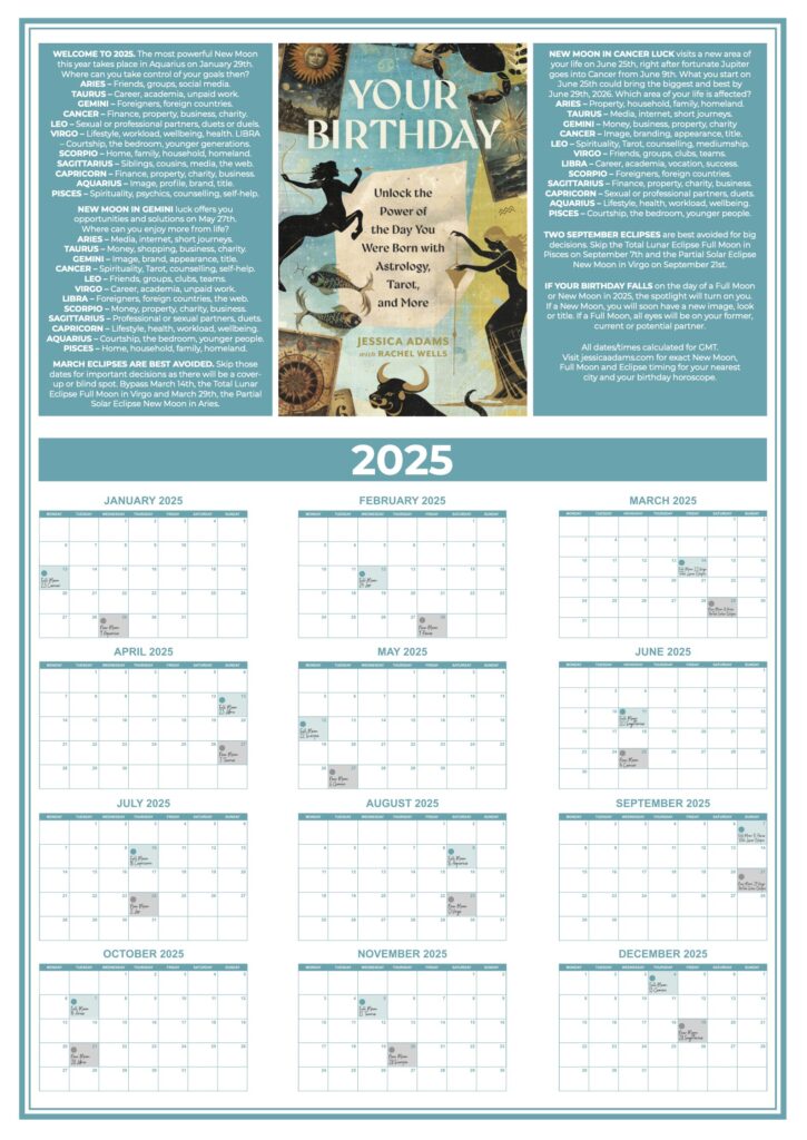 Jessica Adam and Rachel Wells Your Birthday 2025 Moon Calendar 725x1024 - Free 2025 Astrology Moon Calendar